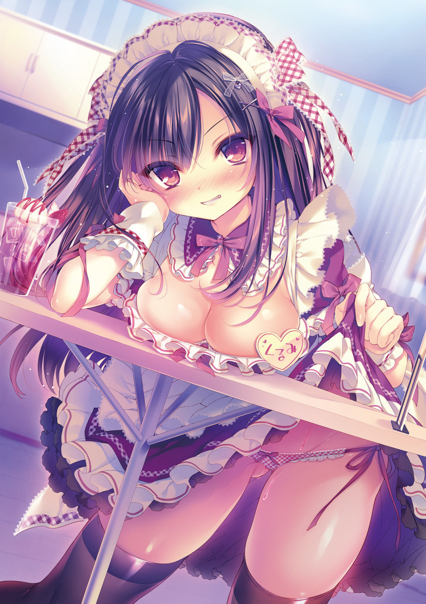 1girl apron arms_up black_hair black_thighhighs blush bow breasts cafe clothes_lift collar cup detached_collar dress dress_lift drinking_straw elbow_on_table food frilled_apron frilled_collar frilled_cuffs frilled_dress frills fruit gingham_bow gluteal_fold grin hair_bow hair_ornament hairpin hand_on_own_cheek hand_on_own_face highres ice ice_cream ice_cream_float ice_cube indoors large_breasts leaning_forward leaning_on_object leaning_on_table lifting_own_clothes long_hair looking_at_viewer maid_apron maid_cafe maid_headdress name_tag nose_blush original panties red_bow red_dress red_eyes red_panties rubi-sama smile soda solo strawberry sweat swept_bangs table thighhighs thighs two_side_up underwear waitress white_apron wrist_cuffs