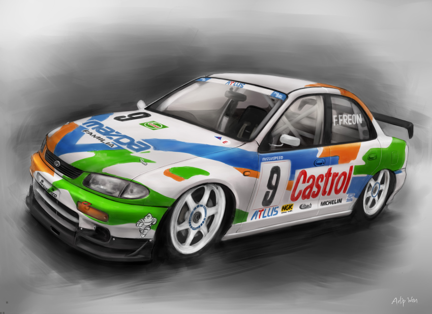 absurdres artip_wan artist_name atlus car castrol commentary english_commentary highres japanese_touring_car_championship logo mazda mazda_familia michelin michelin_man motor_vehicle no_humans race_vehicle racecar spoiler_(automobile) vehicle_focus