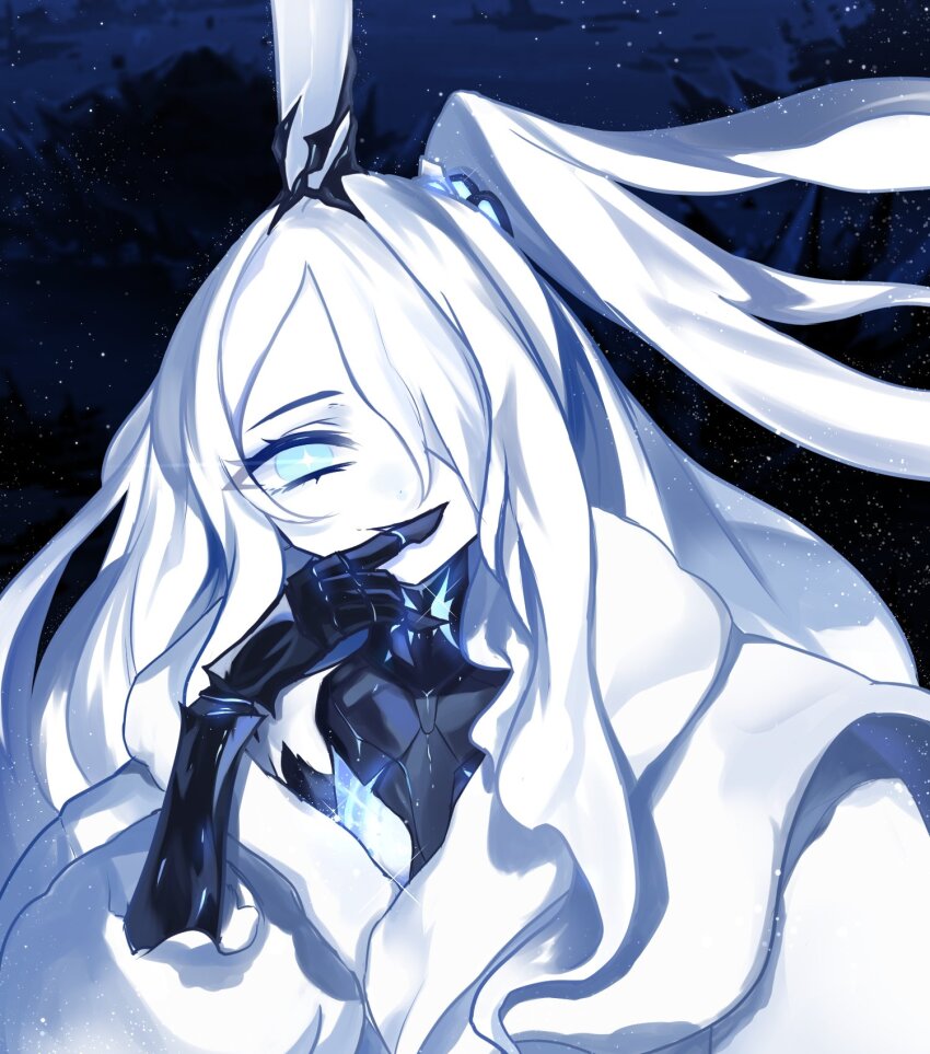 +_+ 1girl azur_lane blue_eyes coat colored_skin cross-shaped_pupils dress finger_to_mouth hair_over_one_eye hand_up highres long_hair looking_at_viewer night night_sky one_side_up outdoors rosen_madchen siren_(azur_lane) sky solo star_(sky) starry_sky symbol-shaped_pupils war_protocol_fortress_(azur_lane) white_coat white_dress white_hair white_skin