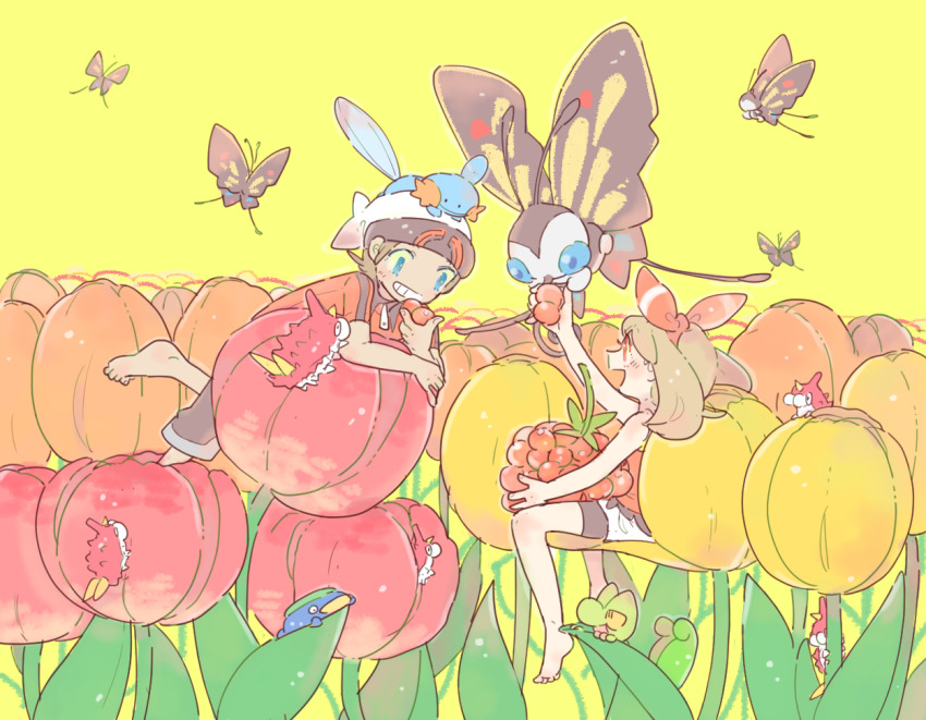 1boy 1girl :d bare_arms bare_shoulders barefoot beautifly berry_(pokemon) bike_shorts bike_shorts_under_shorts blue_eyes brendan_(pokemon) brown_hair dark-skinned_male dark_skin flower gen_3_pokemon grin hairband hat katiko leaf light_brown_hair lotad may_(pokemon) mudkip nintendo no_nose on_head open_mouth orange_eyes orange_flower pokemon pokemon_(creature) pokemon_on_head pokemon_oras razz_berry red_flower red_hairband red_tank_top shorts smile tank_top treecko tulip white_headwear white_shorts wurmple yellow_background yellow_flower