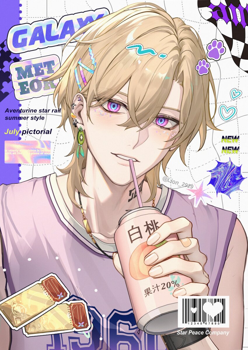 1boy absurdres aventurine_(honkai:_star_rail) blonde_hair blue_eyes can drink_can drinking_straw earrings hair_between_eyes heart highres holding holding_can honkai:_star_rail honkai_(series) jewelry lion_2929 looking_at_viewer male_focus multicolored_eyes purple_eyes shirt short_hair solo