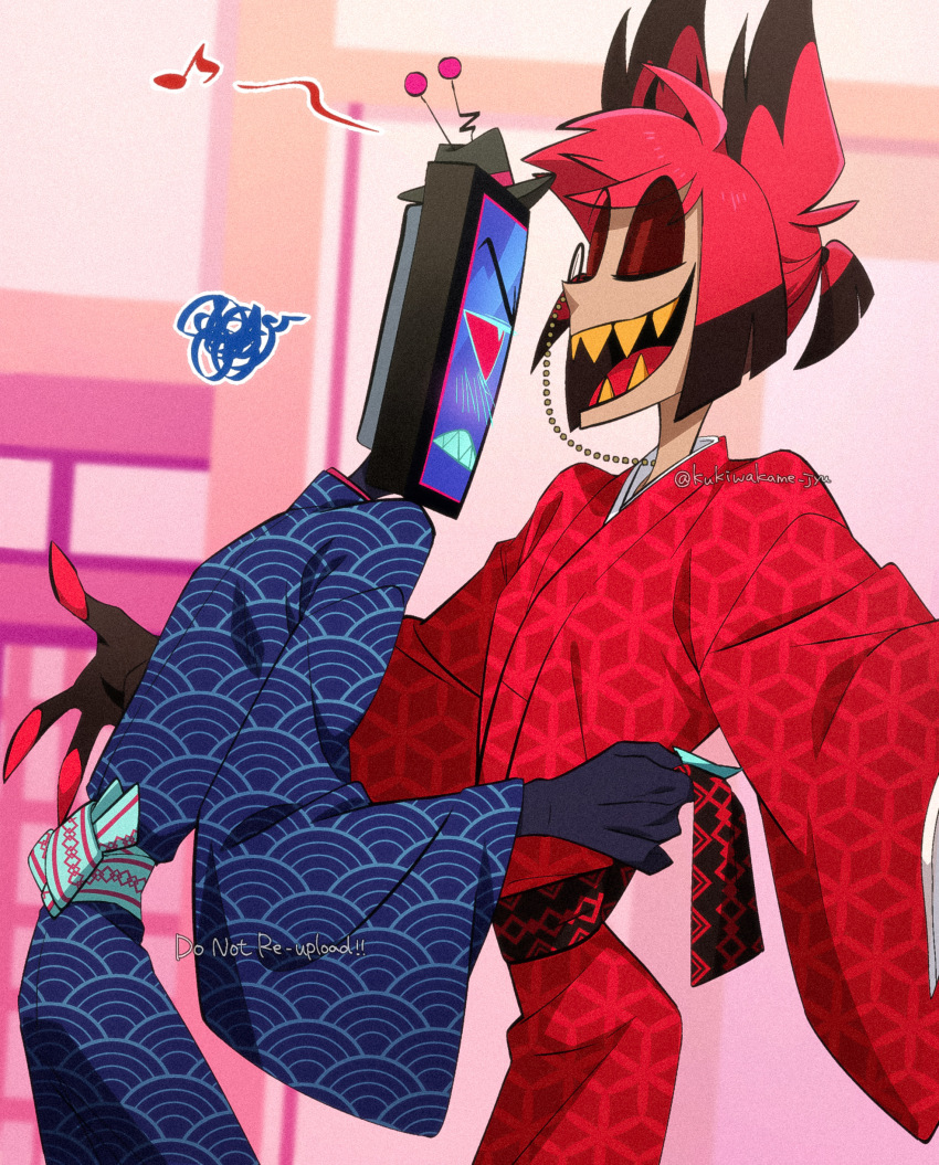 absurdres adjusting_sash alastor_(hazbin_hotel) animal_ears antlers black_hair black_hands black_hat blue_kimono blush bright_pupils closed_eyes colored_extremities colored_sclera colored_skin commentary_request cowboy_shot deer_antlers deer_ears fewer_digits grey_skin hand_on_another&#039;s_waist hat hazbin_hotel highres horns japanese_clothes kimono kurimilove looking_at_another male_focus mini_hat monocle monocle_chain multicolored_hair obi object_head outstretched_arms ponytail red_hair red_kimono red_sclera sash sharp_teeth short_hair short_ponytail squiggle teeth twitter_username two-tone_hair vox_(hazbin_hotel) yaoi yellow_teeth