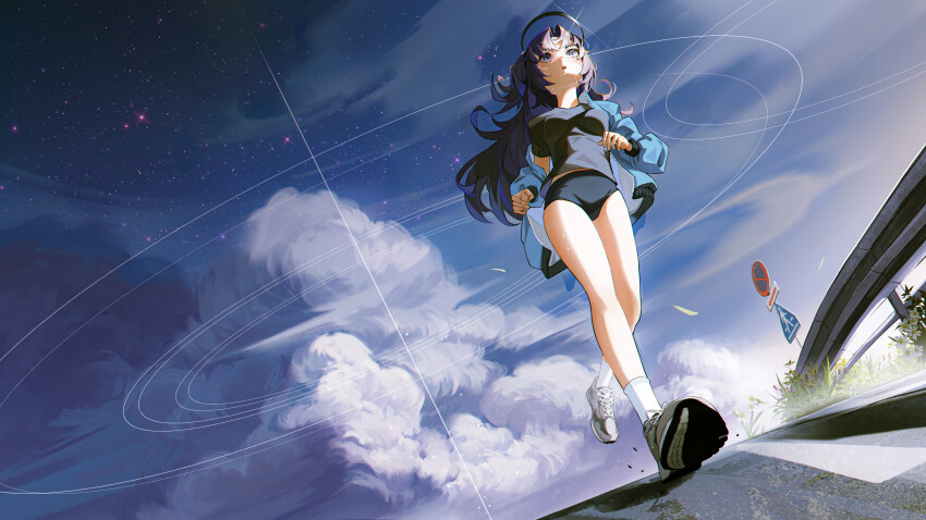 1girl absurdres black_halo black_shirt blue_archive blue_buruma blue_eyes blue_sky breasts buruma cloud cloudy_sky crosswalk_sign flower full_body gym_shirt gym_uniform halo highres jacket leg_up light_blue_jacket long_hair long_sleeves looking_ahead mechanical_halo medium_breasts midriff_peek official_alternate_costume open_clothes outdoors parted_lips road road_sign running sa_si_qierde shirt shoes short_sleeves sign single_off_shoulder sky socks solo star_(sky) starry_sky stop_sign teeth track_jacket two_side_up upper_teeth_only weeds white_flower white_socks yuuka_(blue_archive) yuuka_(track)_(blue_archive)
