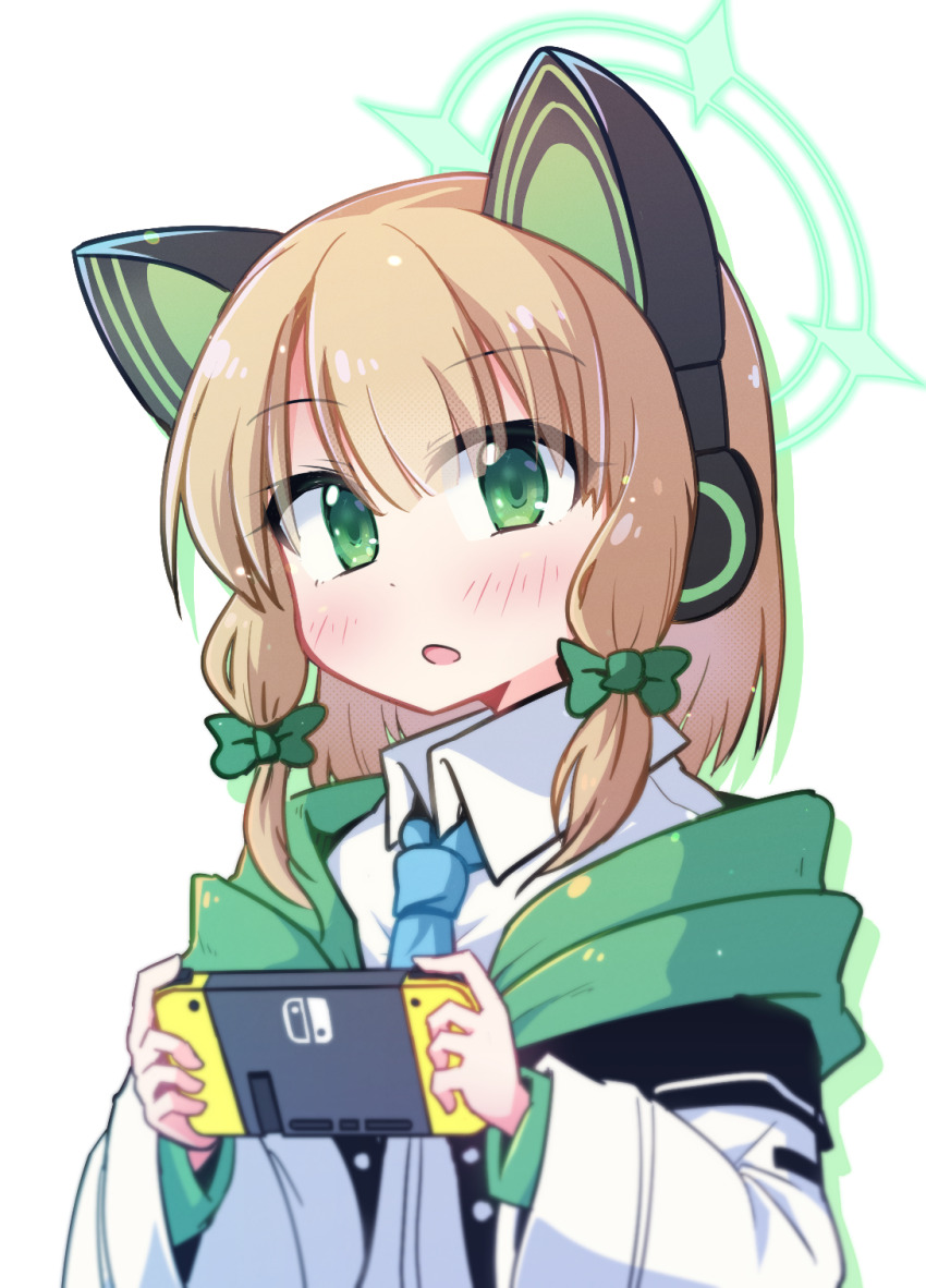 1girl animal_ear_headphones animal_ears aqua_necktie blonde_hair blue_archive blurry blush bow buttons cat_ear_headphones cat_ears collared_shirt commentary depth_of_field dot_nose dress_shirt drop_shadow eyes_visible_through_hair fake_animal_ears green_bow green_eyes green_halo green_jacket hair_bow halftone halo handheld_game_console headphones highres holding holding_handheld_game_console hood hood_down hooded_jacket jacket long_sleeves looking_at_viewer low-tied_sidelocks medium_hair midori_(blue_archive) multicolored_jacket necktie nintendo_switch open_clothes open_jacket parted_bangs parted_lips school_uniform shirt sidelocks simple_background solo upper_body white_background white_jacket white_shirt wide_sleeves wing_collar yuuhi_alpha