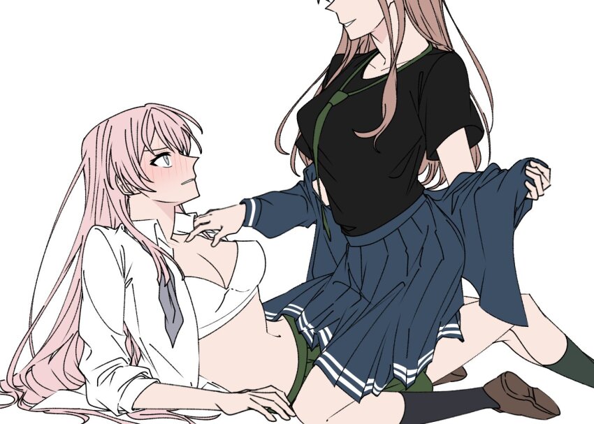2girls a_jak accessories_switch bang_dream! bang_dream!_it&#039;s_mygo!!!!! black_shirt blue_shirt blue_skirt blush bra breasts brown_hair chihaya_anon cleavage collarbone collared_shirt dress_shirt green_necktie grey_eyes haneoka_school_uniform head_out_of_frame long_hair long_sleeves medium_breasts multiple_girls nagasaki_soyo navel neckerchief necktie open_clothes open_shirt parted_lips pink_hair pleated_skirt school_uniform shirt sidelocks simple_background skirt stomach straddling tsukinomori_school_uniform underwear undone_neckerchief white_background white_bra white_shirt yuri