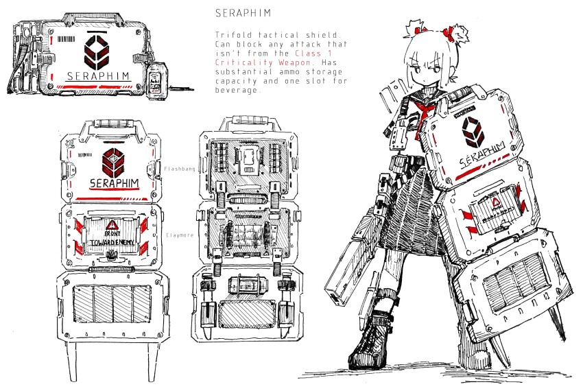 1girl absurdres asahi_(shiokaze1409) beer_can boots can reference_sheet claymore_(mine) drink_can explosive full_body highres holding holding_weapon mine_(weapon) original sailor_collar science_fiction serious shield shiokaze1409 short_twintails skirt solo spot_color twintails weapon