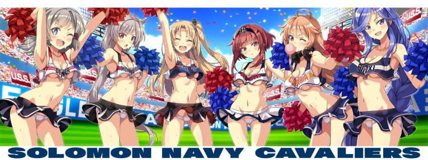 6+girls ahoge alternate_costume arm_up armpits arms_up azur_lane bare_shoulders biloxi_(azur_lane) birmingham_(azur_lane) black_skirt blonde_hair blowing_bubble_gum blue_eyes blue_hair blue_hairband blue_shirt blush braid breasts character_name cheering cheerleader chewing_gum cleavage cleveland_(azur_lane) closed_eyes clothes_writing cloud collarbone columbia_(azur_lane) cowboy_shot crop_top crop_top_overhang day denver_(azur_lane) english_text eyes_visible_through_hair female_focus hair_between_eyes hair_ears hairband holding holding_pom_poms lineup long_braid long_hair looking_at_viewer macaroni_hourensou medium_breasts midriff miniskirt montpelier_(azur_lane) multiple_girls navel no_bra one_eye_closed one_side_up open_mouth outdoors panties pantyshot plant pleated_skirt pom_pom_(cheerleading) pom_poms purple_shirt purple_skirt red_eyes red_hair shirt short_hair short_hair_with_long_locks short_twintails side-tie_panties sidelocks silver_hair single_braid skirt sky sleeveless sleeveless_shirt small_breasts smile stadium standing sweat teeth tongue twintails underboob underwear very_long_hair white_panties white_shirt white_skirt