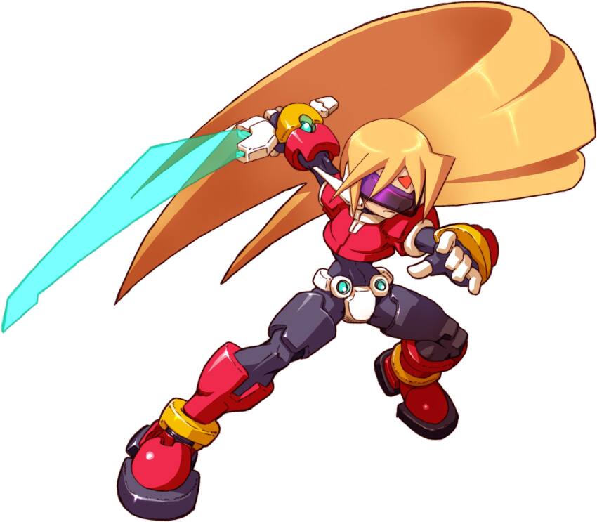 1boy absurdres archived_source armor assault_visor black_bodysuit blonde_hair bodysuit boots crotch_plate energy_sword facial_mark forehead_jewel forehead_mark girouette_(mega_man) green_eyes highres holding holding_sword holding_weapon long_hair mega_man_(series) mega_man_zx model_z_(mega_man) official_art ponytail power_armor red_armor red_boots simple_background solo sword weapon white_background yabe_makoto