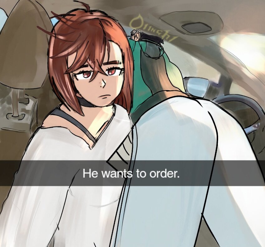ayase_momo black_hair boy_on_top brown_hair car_interior closed_mouth commentary couple dandadan english_commentary highres medium_hair meme oiinchi short_hair snapchat staring takakura_ken_(dandadan)