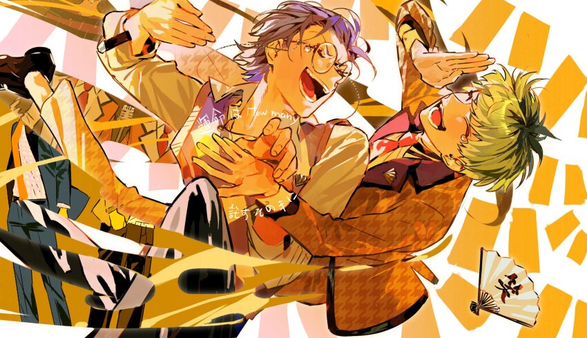 2boys argyle_clothes argyle_sweater_vest closed_eyes eyewear_strap green_hair highres hypnosis_mic long_sleeves male_focus mmmmaus multiple_boys nurude_sasara open_mouth plaid_clothes plaid_sweater_vest purple_hair round_eyewear short_hair smile sweater_vest tsutsujimori_rosho