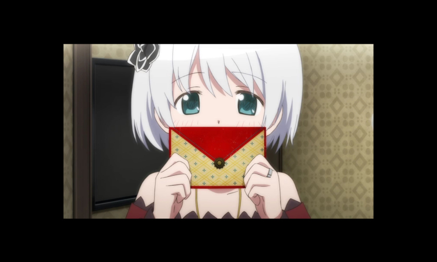 1girl anime_coloring aqua_eyes artist_request azusa_mifuyu bare_shoulders black_border black_flower border collarbone doorway dot_nose envelope flower game_cg hair_flower hair_ornament holding holding_envelope indoors jewelry lace lace-trimmed_shirt lace_trim long_sleeves magia_record:_mahou_shoujo_madoka_magica_gaiden mahou_shoujo_madoka_magica necklace off-shoulder_shirt off_shoulder official_art red_shirt ring shirt short_hair solo straight-on tareme upper_body wax_seal white_hair