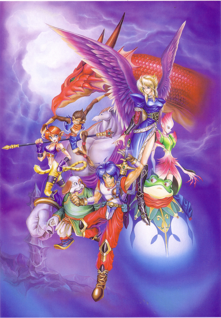 1990s_(style) 2boys 3girls absurdres angel_wings black_wings blonde_hair blue_eyes blue_hair boots bow_(breath_of_fire) breasts breath_of_fire breath_of_fire_complete_works breath_of_fire_ii capcom dragon dress ekaru_hoppe_de_pe_tapeta green_eyes highres legs long_legs multiple_boys multiple_girls nina_(breath_of_fire_ii) official_art rand_marks red_hair retro_artstyle rinpoo_chuan ryu_(breath_of_fire_ii) side_slit spar sten sten_legacy sword thighs weapon wings yoshikawa_tatsuya