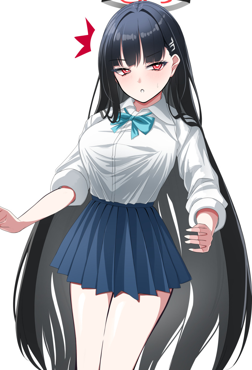 1girl absurdres black_hair blue_archive breasts hair_ornament hairclip halo highres large_breasts long_hair neck_ribbon nigori_(keydoor) pleated_skirt red_eyes ribbon ringed_eyes rio_(blue_archive) school_uniform simple_background skirt solo very_long_hair white_background