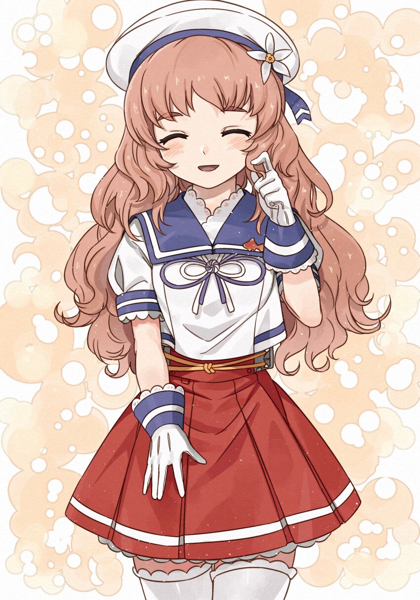1girl absurdres blue_sailor_collar blush brown_hair closed_eyes clover_background commentary cowboy_shot gloves hair_ornament hat highres hip_vent kanmiya_shinobu kantai_collection long_hair long_sleeves open_mouth pleated_skirt puffy_short_sleeves puffy_sleeves red_skirt sailor_collar sailor_hat sailor_shirt shirt short_sleeves skirt smile solo thighhighs wavy_hair white_gloves white_shirt white_thighhighs yashiro_(kancolle)
