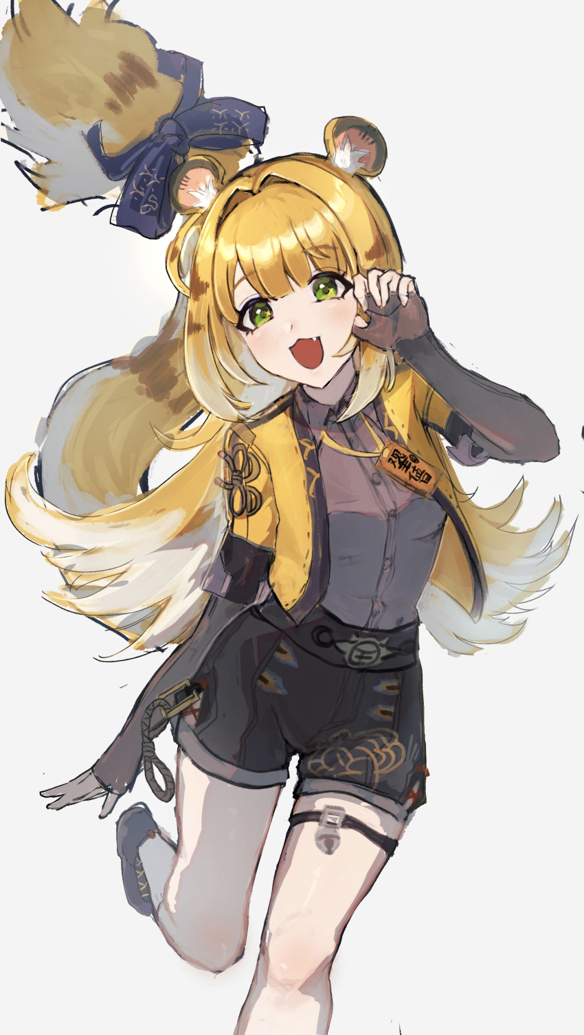1girl absurdres animal_ear_fluff animal_ears blonde_hair colored_inner_hair gloves green_eyes highres jacket ju_fufu long_hair looking_at_viewer multicolored_hair open_mouth s1n0_0103 shirt shorts smile solo tail tiger_ears tiger_girl tiger_tail white_hair zenless_zone_zero