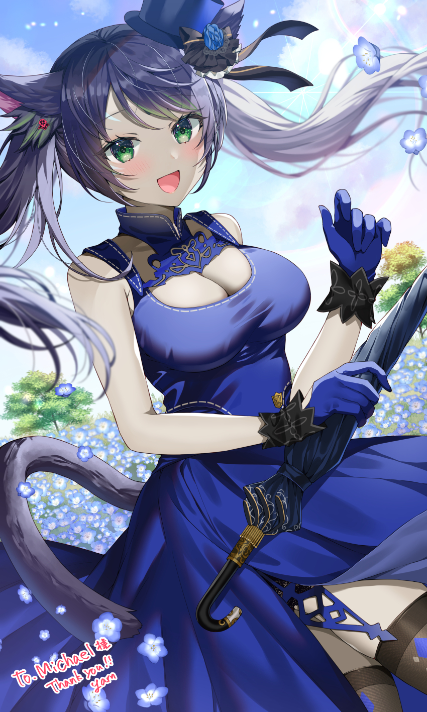 1girl :d absurdres animal_ear_fluff animal_ears black_hair black_thighhighs blue_dress blue_flower blue_gloves blue_mage_(final_fantasy) blush breasts cat_ears cat_tail cleavage_cutout closed_umbrella clothing_cutout colored_skin commission day dress dutch_angle english_text final_fantasy final_fantasy_xiv flower gloves green_eyes grey_skin hat highres holding holding_umbrella large_breasts long_hair mini_hat miqo&#039;te open_mouth original outdoors pale_skin skeb_commission smile solo tail thank_you thighhighs twintails umbrella warrior_of_light_(ff14) yam_(yamap_mako)