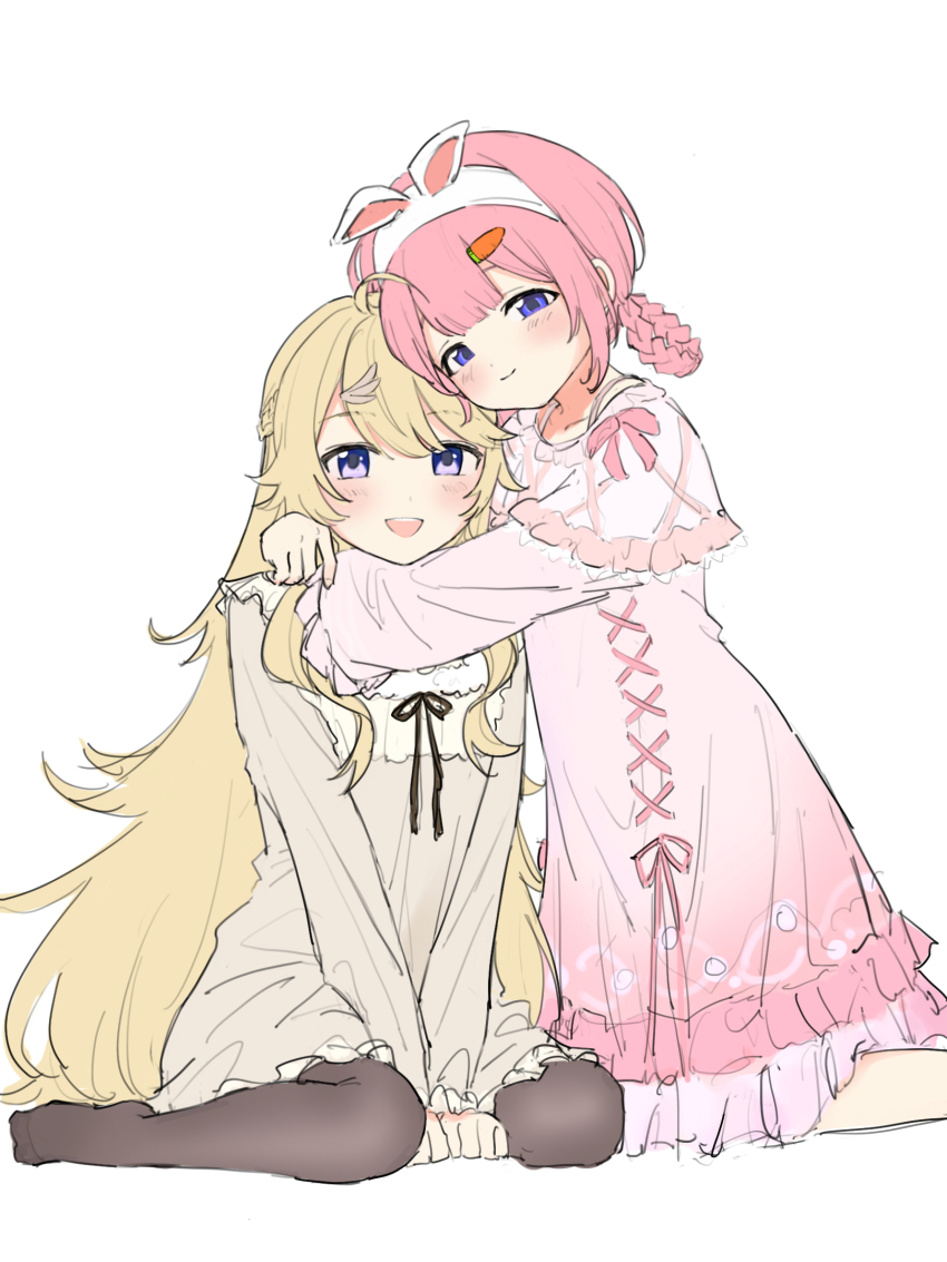 2girls animal_ear_hairband animal_ears barefoot black_pantyhose blonde_hair braid braided_hair_rings dress fake_animal_ears hair_ornament hair_rings hairband hairclip highres hug kneeling long_hair looking_at_viewer multiple_girls nijisanji no_shoes pantyhose pink_dress pink_hair po_(po_495) purple_eyes rabbit_ear_hairband rabbit_ears short_hair simple_background sitting sketch suo_sango suo_sango_(2nd_costume) todo_kohaku virtual_youtuber white_background yellow_dress