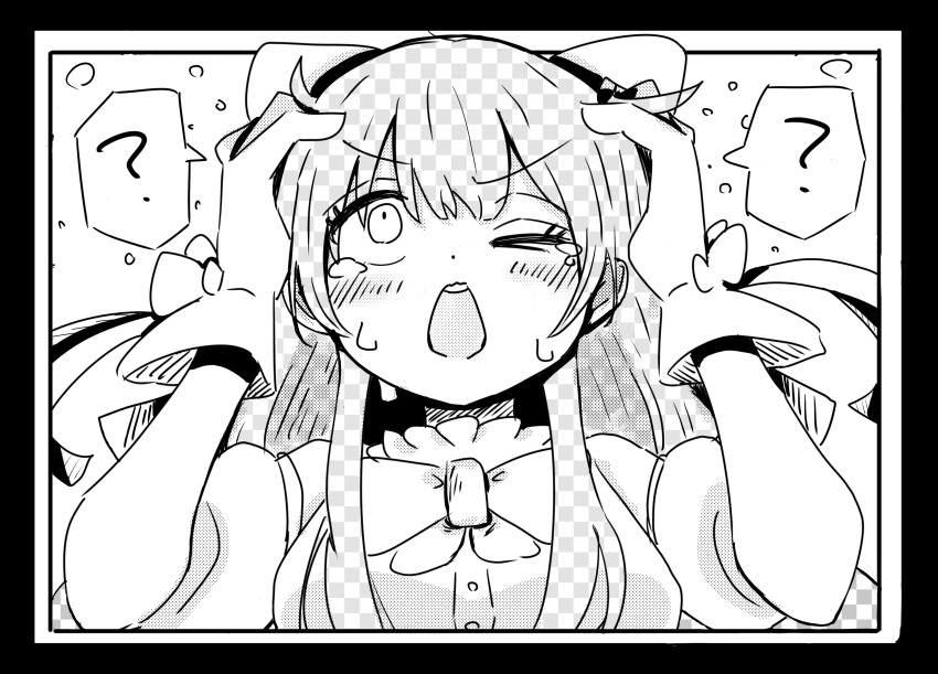 1girl ? absurdres black_border blush border bow breasts buttons dress fake_transparency flying_sweatdrops glove_bow gloves greyscale hair_bow hands_on_own_head highres iyowa_girls medium_breasts monochrome one_eye_closed open_mouth puffy_short_sleeves puffy_sleeves short_sleeves solo speech_bubble tears teeth uchibeko_(exobaatyan) upper_body upper_teeth_only wasure_mono_(vocaloid)