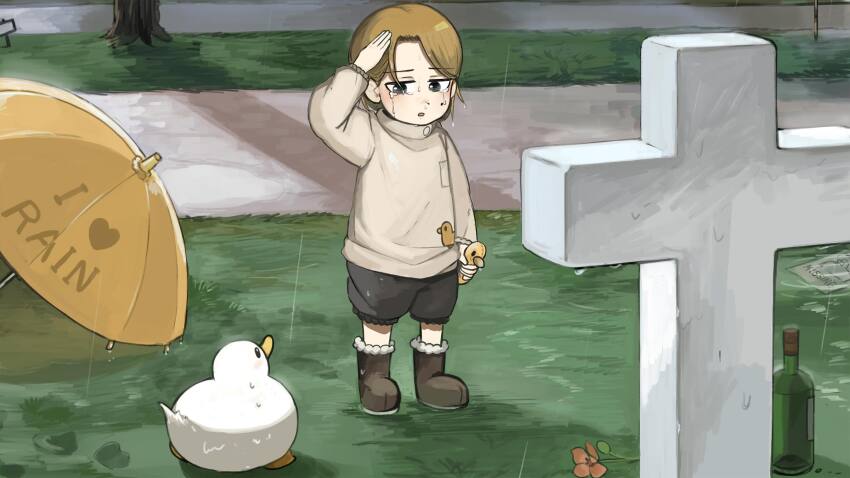 1girl aged_down beer_bottle bird black_shorts blonde_hair blue_eyes boots bottle brown_boots chicken commentary crying crying_with_eyes_open diva_(hyxpk) duck english_commentary flower grave grey_shirt highres little_nuns_(diva) mole mole_on_cheek rain salute shirt short_hair shorts solo strict_nun_(diva) tears umbrella yellow_umbrella
