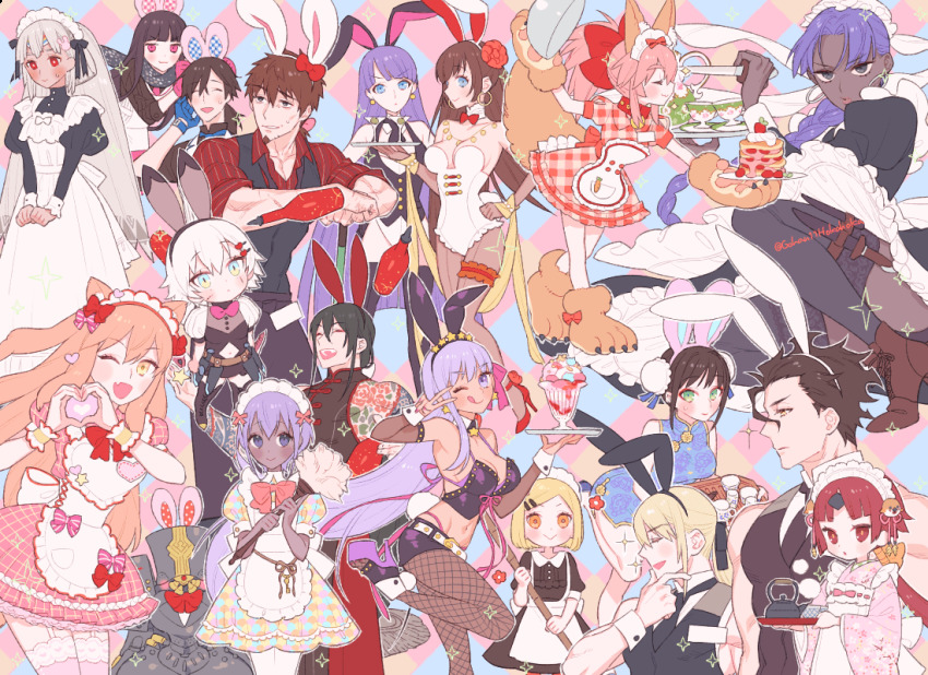 altera_(fate) animal_ears animal_hands apron assassin_(fate/zero) bb_(fate) bb_(swimsuit_mooncancer)_(fate) bb_(swimsuit_mooncancer)_(second_ascension)_(fate) beni-enma black_skin blush bow bowtie braid broom charles_babbage_(fate) china_dress chinese_clothes cocktail_glass colored_skin corset cup diarmuid_ua_duibhne_(fate) diarmuid_ua_duibhne_(lancer)_(fate) double_bun dress drinking_glass duster facial_hair facial_scar fake_animal_ears fate/grand_order fate_(series) feather_duster fionn_mac_cumhaill_(fate/grand_order) food fox_ears gloves goatee hair_bun hassan_of_serenity_(fate) heart heart_hands hector_(fate) ice_cream jack_the_ripper_(fate/apocrypha) juggling knife leotard long_hair maid maid_apron maid_headdress martha_(fate) mata_hari_(fate) micro_shorts necktie one_eye_closed oryou_(fate) pancake paul_bunyan_(fate) paw_gloves paw_shoes playboy_bunny qin_liangyu_(fate) rabbit_ears sakamoto_ryouma_(fate) sara_(kurome1127) scar scar_across_eye scar_on_cheek scar_on_face shoes shorts sparkle suzuka_gozen_(fate) tamamo_(fate) tamamo_cat_(fate) tan tattoo teapot v yan_qing_(fate)