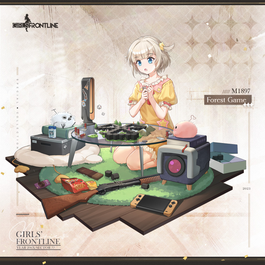 1girl 2023 :o ammunition bag bare_arms bare_legs bird bladeless_fan blonde_hair blue_eyes board_game book box character_name chilunchilun commentary copyright_name dice english_commentary english_text full_body girls&#039;_frontline griffin_&amp;_kryuger_logo gun hair_ornament hair_scrunchie highres juice_box kneeling m1897_(forest_game)_(girls&#039;_frontline) m1897_(girls&#039;_frontline) nintendo_switch official_alternate_costume official_art open_box open_mouth own_hands_together pajamas pink_bird pump_action rug scrunchie second-party_source seiza short_hair short_sleeves shotgun shotgun_shell simple_background sitting snack solo star_(symbol) sticker weapon white_background white_bird winchester_model_1897 wooden_floor yellow_pajamas yellow_scrunchie