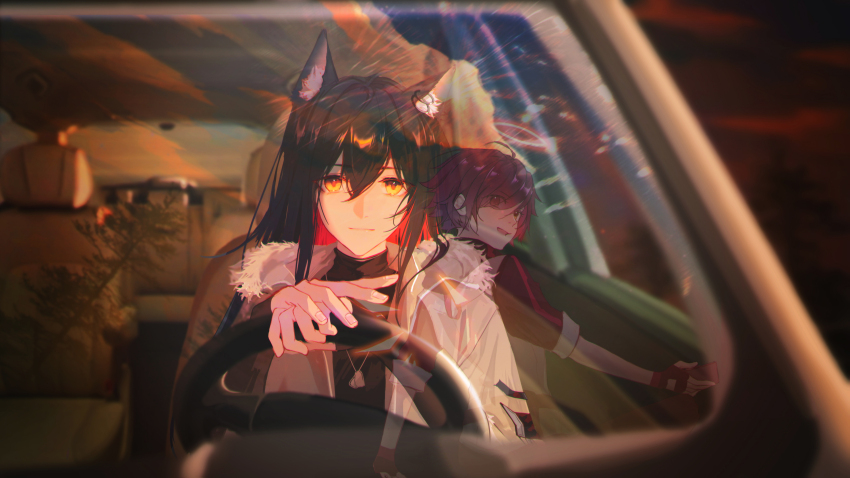 2girls absurdres aerial_fireworks animal_ear_fluff animal_ear_piercing animal_ears arknights black_gloves black_hair car_interior cellphone day evening exusiai_(arknights) fingerless_gloves fingernails fireworks fur-trimmed_jacket fur_trim gloves hair_between_eyes halo highres holding holding_phone jacket long_hair looking_at_viewer multiple_girls official_alternate_costume orange_halo outdoors phone red_hair reflection short_hair smartphone smile steering_wheel texas_(arknights) texas_(winter_messenger)_(arknights) thewintermarket traditional_halo white_jacket wolf_ears wolf_girl yellow_eyes
