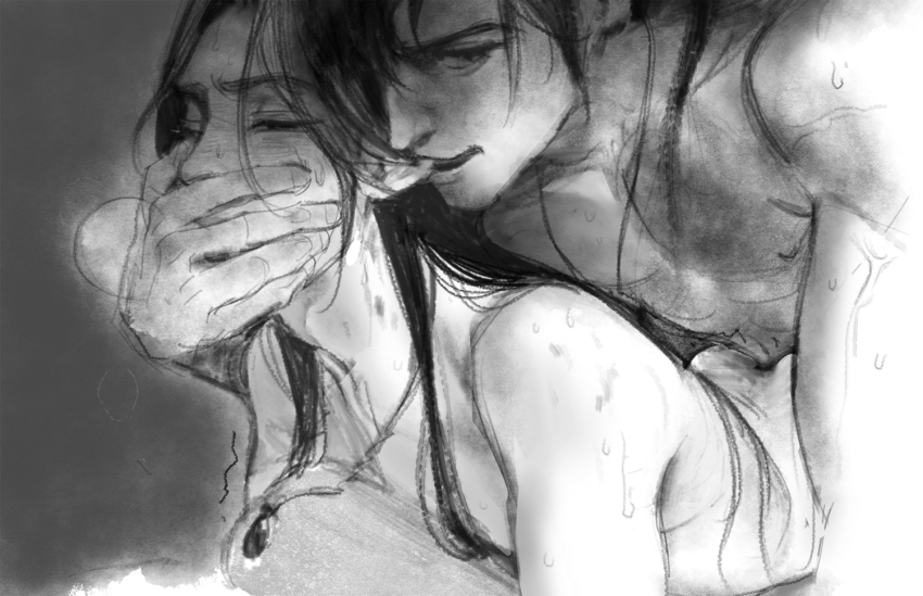 2boys ass biting biting_ear boy_on_top chinese_commentary chu_wanning completely_nude covering_another&#039;s_mouth erha_he_tadebai_mao_shizun greyscale half-closed_eyes hand_over_another&#039;s_mouth implied_sex jewelry long_hair lying male_focus mo_ran monochrome motion_lines multiple_boys necklace nude on_stomach sweat upper_body xybother yaoi