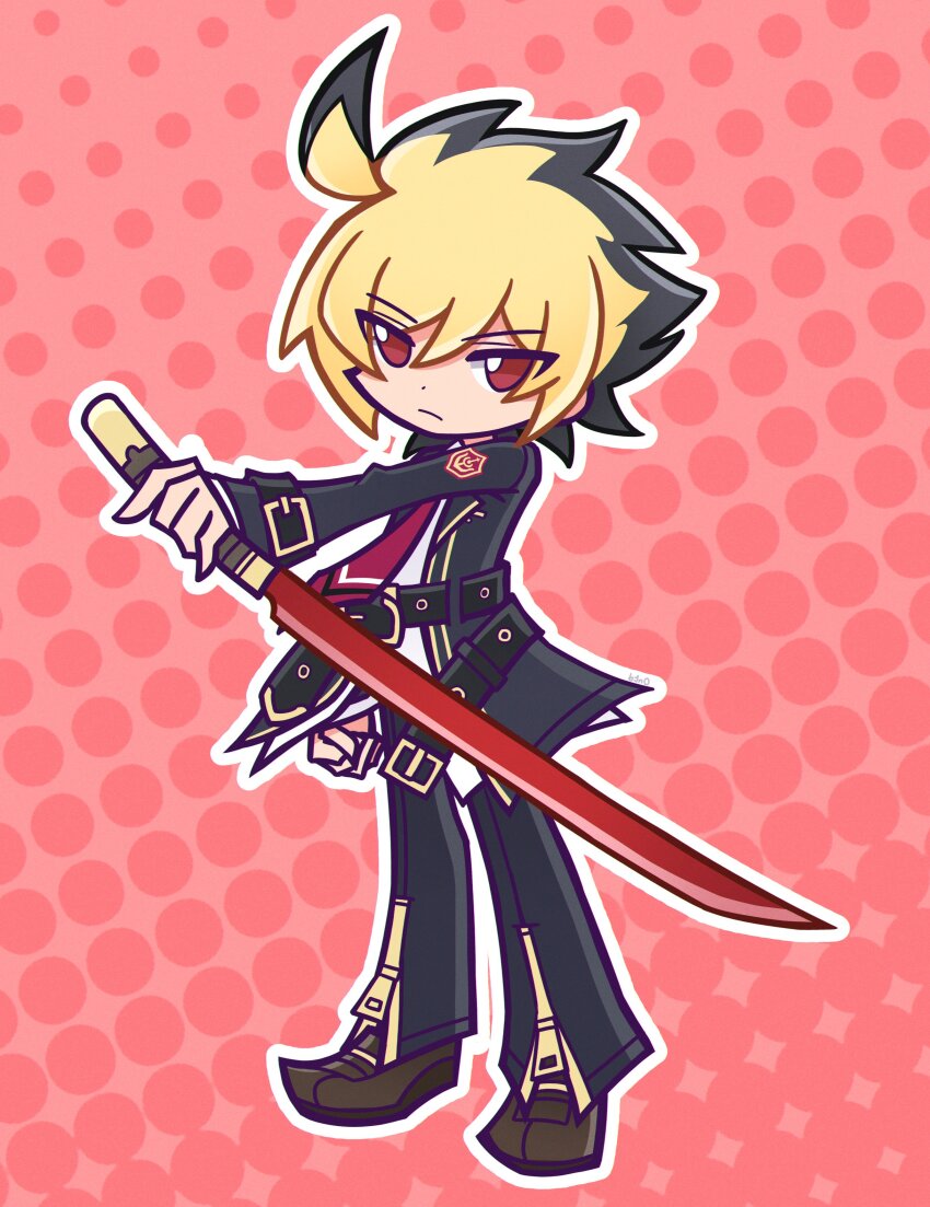 1boy absurdres ahoge b1n04 black_hair blonde_hair highres kido_hyde male_focus multicolored_hair necktie parody puyopuyo red_eyes reverse_grip school_uniform short_hair solo style_parody sword two-tone_hair under_night_in-birth weapon