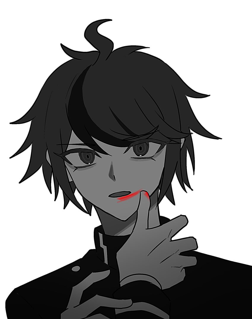 ahoge blood blood_on_face greyscale highres last_defense_academy_school_uniform looking_at_viewer messy_hair monochrome multicolored_hair open_mouth pov pov_hands simple_background smeared_blood smearing solo_focus sumino_takumi the_hundred_line_-last_defense_academy- upper_body white_background