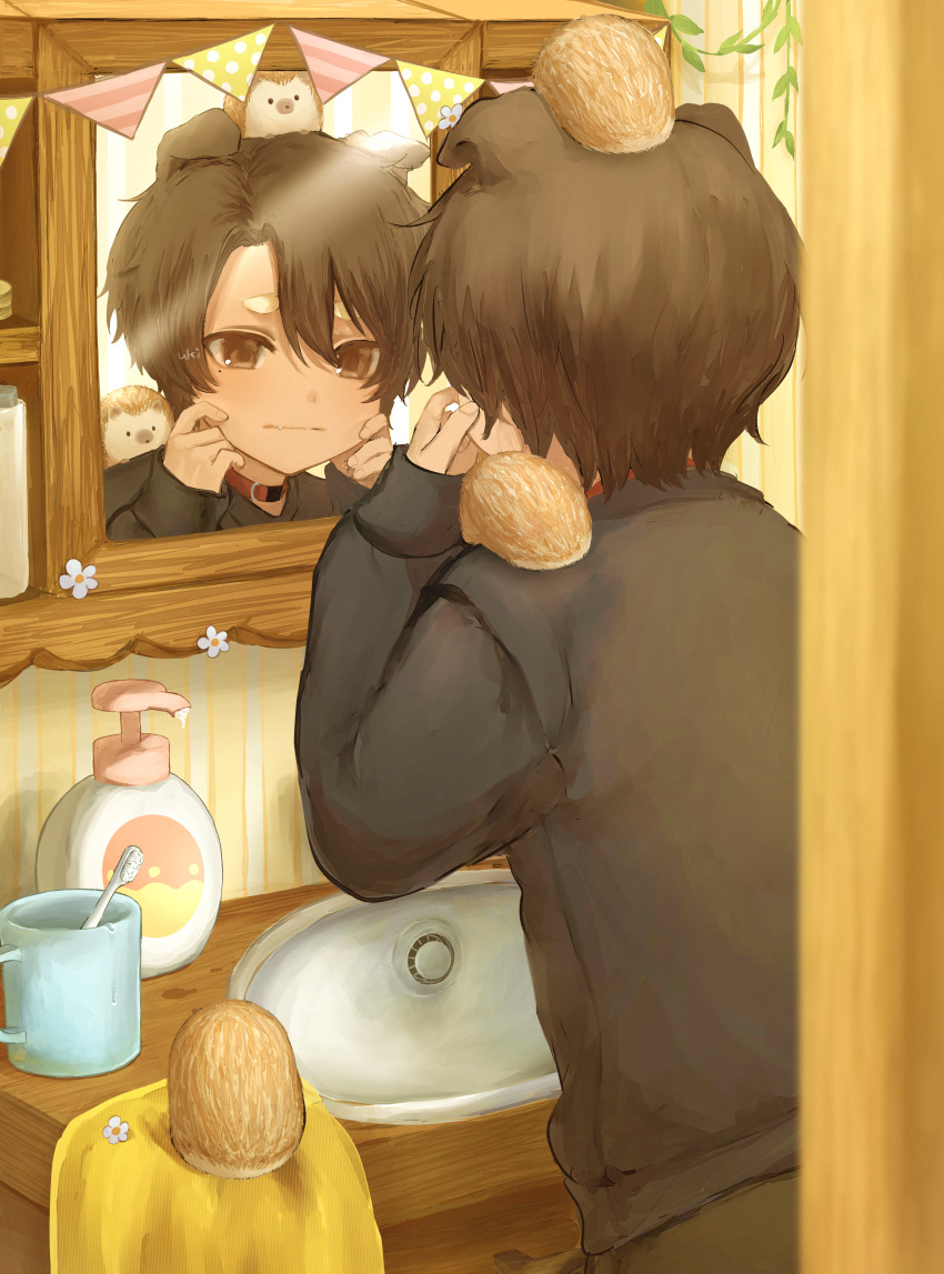 1boy :| absurdres animal animal_collar animal_ears animal_on_head animal_on_shoulder artist_name bathroom black_shirt brown_eyes brown_pants closed_mouth collar commentary_request cup dark-skinned_male dark_skin dog_ears fang fingernails floppy_ears flower from_behind hands_on_own_cheeks hands_on_own_face hedgehog highres indoors light_blush long_sleeves looking_at_mirror male_focus mirror mug on_head original pants parted_bangs shampoo_bottle shirt short_hair signature sink solo thick_eyebrows toothbrush upper_body very_short_hair white_flower yuxi