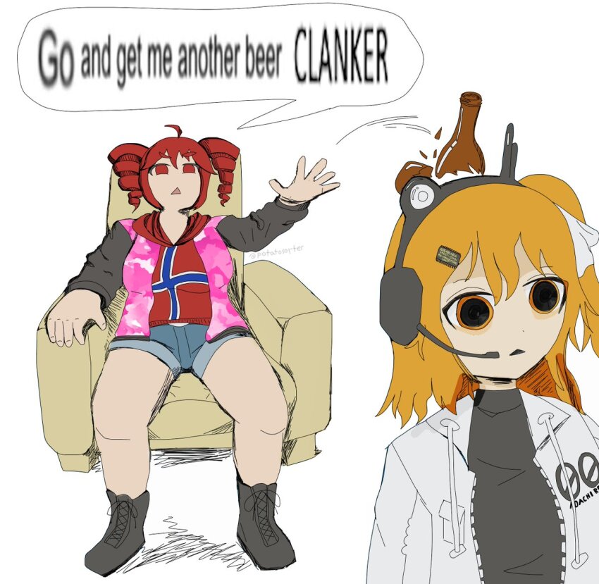 2girls a.i._voice adachi_rei arms_up black_boots black_hairband black_jacket black_shirt black_undershirt blank_eyes blue_shorts boots breasts broken_bottle broken_glass camouflage camouflage_jacket chestnut_mouth computer_chip couch domestic_violence earmuffs furrowed_brow glass glass_bottle hairband headlamp hood hood_down hoodie jacket kasane_teto large_breasts long_sleeves looking_at_another medium_breasts medium_hair motion_lines multicolored_jacket multiple_girls norwegian_flag_print on_couch open_clothes open_jacket orange_eyes parted_lips plump potatosorter purple_jacket racism radio_antenna red_eyes red_hair red_hoodie shirt short_hair short_shorts shorts simple_background sitting speech_bubble throwing turtleneck turtleneck_shirt twitter_username two-tone_jacket utau white_background white_jacket wide-eyed