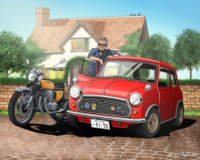 1boy beard bird black_pants blue_shirt car collared_shirt facial_hair highres honda house june_art license_plate male_focus mini_cooper motor_vehicle motorcycle mustache original outdoors pants pigeon red_car shadow shirt short_hair signature smile sunglasses tree vehicle_focus watch wristwatch