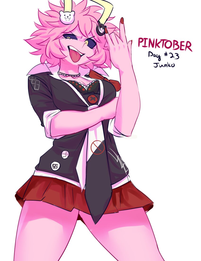 1girl absurdres ashido_mina bear_hair_ornament black_sclera black_shirt boku_no_hero_academia bow breasts character_name cleavage colored_sclera colored_skin commentary cosplay cowboy_shot danganronpa:_trigger_happy_havoc danganronpa_(series) english_commentary english_text enoshima_junko enoshima_junko_(cosplay) hair_ornament hhholic highres horns looking_at_viewer medium_breasts nail_polish necktie open_mouth pink_hair pink_skin red_bow red_nails red_skirt shirt short_hair skirt sleeves_rolled_up smile solo
