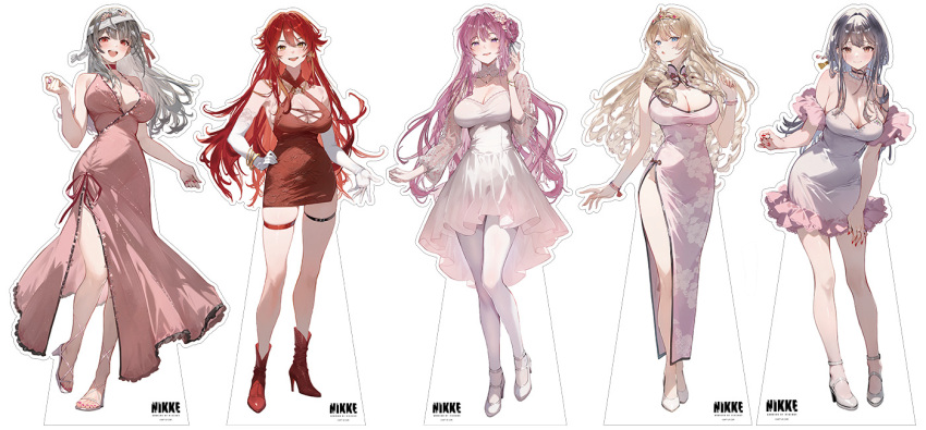 5girls acrylic_stand_(medium) bandaid bandaid_on_head bare_shoulders blonde_hair blue_eyes blush boots bracelet breasts cleavage collarbone copyright_name crown crown_(nikke) dorothy_(nikke) dress earrings flower-shaped_hair frilled_dress frills full_body goddess_of_victory:_nikke grey_hair hair_ribbon high_heel_boots high_heels jewelry large_breasts long_hair long_sleeves modernia_(nikke) multiple_girls necklace official_alternate_costume official_art open_mouth pantyhose pink_hair purple_eyes red_eyes red_hair red_hood_(nikke) ribbon scarlet_(nikke) side_slit sidelocks skindentation sleeveless smile standing thigh_strap thighs white_background yellow_eyes