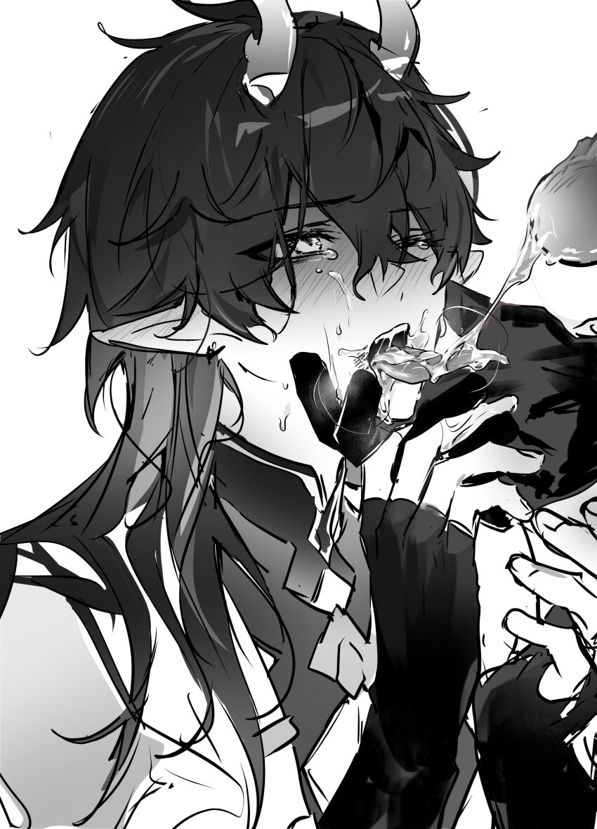 1other 2boys absurdres blush cum cum_in_mouth dan_heng_(honkai:_star_rail) dan_heng_(imbibitor_lunae)_(honkai:_star_rail) dragon_horns fellatio grabbing_another&#039;s_chin greyscale hamtaru542899 hand_on_another&#039;s_chin highres honkai:_star_rail honkai_(series) horns image_sample monochrome mors_gn multiple_boys one_eye_closed oral pixiv_sample pointy_ears solo_focus twitter white_background yaoi