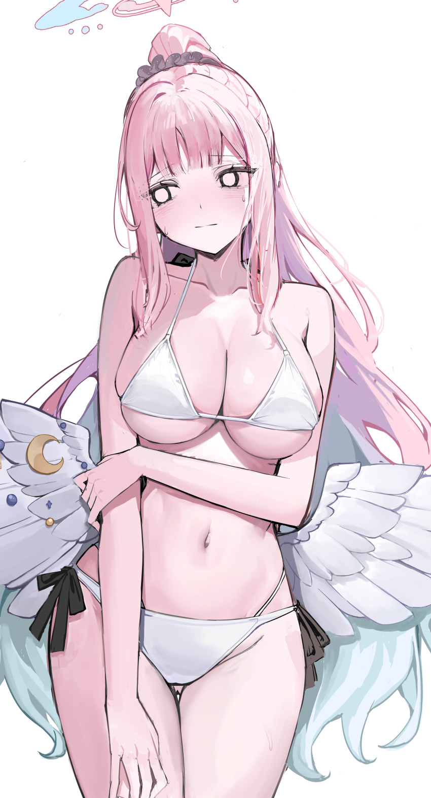 1girl absurdres angel_wings aqua_hair bare_shoulders bikini blank_eyes blue_archive blush breasts cleavage closed_mouth collarbone feathered_wings gradient_hair hair_ornament hair_scrunchie halo hand_on_own_arm highres large_breasts long_hair looking_to_the_side low_wings mika_(blue_archive) multicolored_hair navel nephthys2356 pink_hair pink_halo purple_scrunchie scrunchie simple_background solo stomach sweat swimsuit thighs two-tone_hair white_background white_bikini white_wings wings