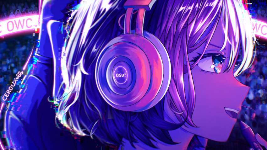1girl artist_name black_hair bob_cut ceroux chair colored_bangs commentary contest_winner english_commentary gaming_chair glitch headphones headset highres holding holding_stylus multicolored_hair open_mouth osu! pippi_(osu!) portrait profile purple_hair purple_theme short_hair solo stylus swivel_chair teeth two-tone_hair upper_teeth_only