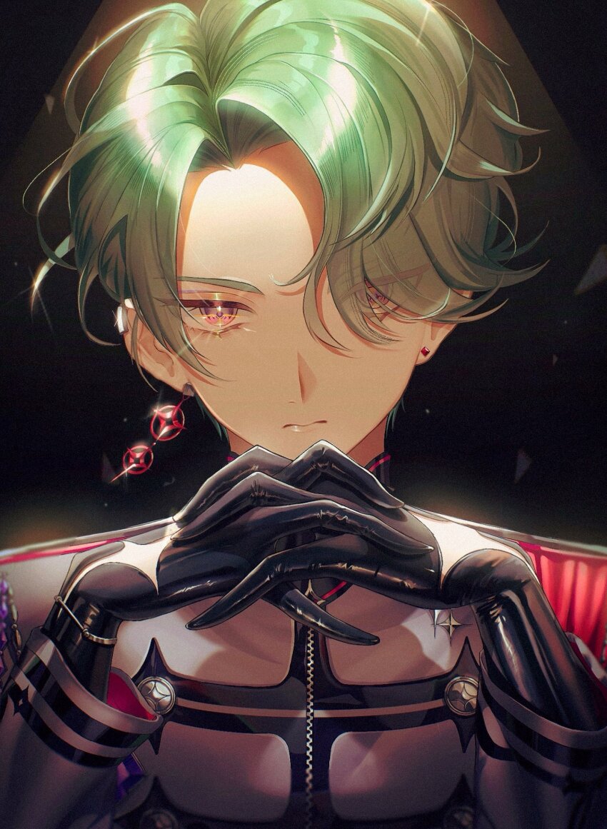 1boy black_background black_gloves closed_mouth commentary curtained_hair earrings freodore_(nijisanji) gloves green_hair hashtag-only_commentary highres jacket jewelry long_sleeves looking_at_viewer male_focus mismatched_earrings nijisanji nijisanji_en own_hands_clasped own_hands_together parted_hair piercing pink_eyes simple_background solo stud_earrings upper_body usari_05011 virtual_youtuber white_jacket zipper