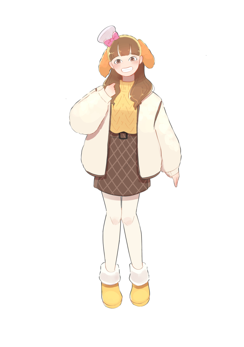 1girl absurdres animal_ears animification bow brown_hair chef_hat cookieann dog_ears dog_girl duffy_and_friends fake_animal_ears full_body gamorangetana hat highres hime_cut humanization long_hair long_sleeves looking_at_viewer shirt shoes skirt smile solo standing wavy_hair