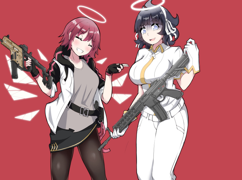 2girls absurdres angel arknights assault_rifle awkward azazel_(helltaker) black_hair breasts crossover energy_wings exusiai_(arknights) closed_eyes fingerless_gloves gloves gun h&amp;k_hk416 halo helltaker highres kriss_vector large_breasts multiple_girls physisyoon red_hair rifle short_hair smile submachine_gun trait_connection weapon weapon_request