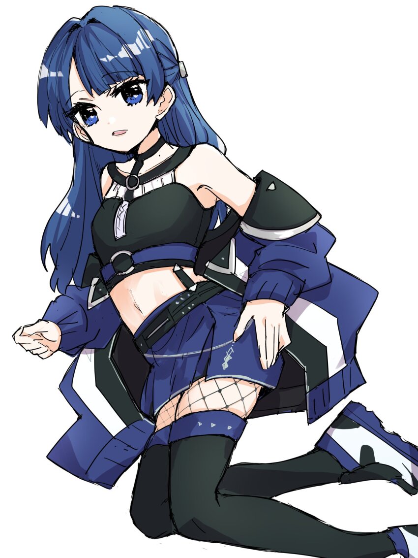 1girl ampere_(love_live!) bare_shoulders black_shirt black_thighhighs blue_coat blue_eyes blue_hair blue_skirt coat coat_partially_removed collarbone commentary crop_top cropped_shirt fishnet_pantyhose fishnets hair_intakes half_updo highres kanduki_kamibukuro link!_like!_love_live! long_hair long_sleeves looking_at_viewer love_live! lying midriff miniskirt mole mole_on_neck murano_sayaka navel official_alternate_costume on_side pantyhose parted_lips pleated_skirt shirt simple_background skirt sleeveless sleeveless_shirt solo symbol-only_commentary thighhighs thighhighs_over_pantyhose virtual_youtuber white_background