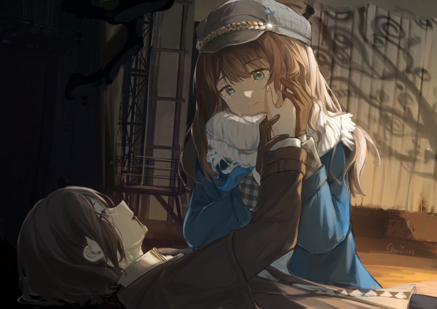 2girls absurdres black_jacket black_pants blazer blood blood_from_mouth blue_eyes blue_jacket brown_eyes brown_hair newsboy_cap character_request chinese_commentary closed_mouth collared_shirt commentary_request cowboy_shot crying crying_with_eyes_open dying empty_eyes fingernails fur-trimmed_jacket fur_trim grey_hat hand_on_another&#039;s_cheek hand_on_another&#039;s_face hat highres holding_another&#039;s_wrist house jacket layered_sleeves long_hair long_sleeves lying marcus_(reverse:1999) multiple_girls on_back open_clothes open_jacket outdoors pants reverse:1999 sad sad_smile scaffolding scarf shirt short_hair shuiy1003 streaming_tears sunset tears white_scarf white_shirt