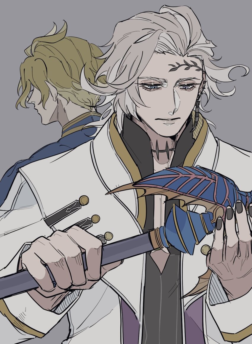 2boys badge black_nails blonde_hair choker closed_mouth ear_piercing earrings facial_tattoo facing_away forehead_tattoo gold_trim grey_background hades_(shuumatsu_no_valkyrie) half-closed_eyes hands_up highres holding holding_polearm holding_weapon jacket jewelry leaf_tattoo long_sleeves looking_down male_focus multiple_boys nail_polish pectoral_cleavage pectorals piercing polearm poseidon_(shuumatsu_no_valkyrie) purple_eyes shirt short_hair shuumatsu_no_valkyrie solo_focus spiked_choker spikes tattoo trident weapon white_hair white_jacket