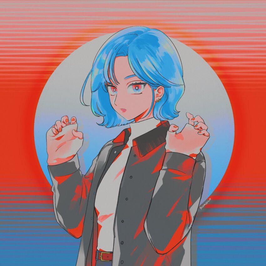 1girl belt blue_eyes blue_hair ear_piercing earrings hair_behind_ear hands_up highres jacket jewelry limited_palette lips multicolored_eyes nail_polish open_clothes open_jacket original parted_bangs parted_lips piercing pink_lips red_eyes red_nails sharp911 short_hair sleeves_past_wrists sweater teeth thumb_hole_sleeves turtleneck turtleneck_sweater two-tone_eyes upper_body upper_teeth_only wavy_hair
