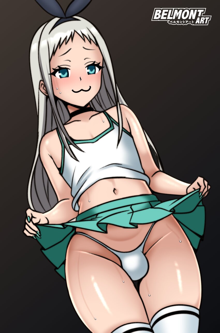 1boy :3 absurdres artist_name bare_shoulders belmont_art blend_s bulge camisole clothes_lift collarbone embarrassed eyebrows eyelashes feet_out_of_frame fingernails flat_chest from_below gradient_background green_camisole green_eyes green_nails green_skirt grey_background grey_hair highres kanzaki_hideri long_fingernails long_hair looking_at_viewer looking_down male_focus nail_polish navel nervous nervous_sweating panties penis_in_panties simple_background skirt skirt_lift solo standing sweat thigh_gap thighhighs trap two-tone_camisole underwear white_camisole white_panties white_thighhighs