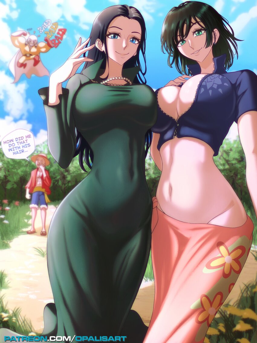 2boys 2girls absurdres bald black_hair blue_eyes blue_sky breasts cosplay costume_switch crossover dress fubuki_(one-punch_man) fubuki_(one-punch_man)_(cosplay) green_dress green_eyes green_hair highres jewelry large_breasts long_hair medium_hair monkey_d._luffy monkey_d._luffy_(cosplay) multiple_boys multiple_girls necklace nico_robin nico_robin_(cosplay) nico_robin_(return_to_sabaody) one-punch_man one_piece opalis pearl_necklace saitama_(one-punch_man) saitama_(one-punch_man)_(cosplay) sarong skirt sky