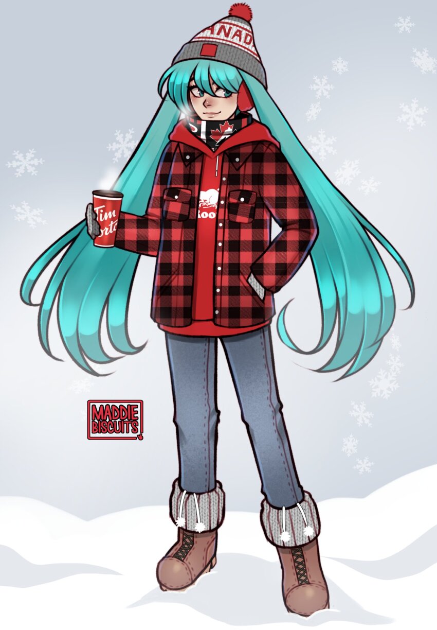 1girl aqua_eyes aqua_hair artist_name beanie boots brown_boots canada cup flannel full_body gloves grey_gloves grey_pants hand_in_pocket hat hatsune_miku highres holding holding_cup hood hoodie long_hair long_sleeves maddiebiscuits pants plaid_clothes plaid_shirt red_hoodie red_shirt shirt smile snowflakes solo standing twintails very_long_hair vocaloid winter_clothes worldwide_miku