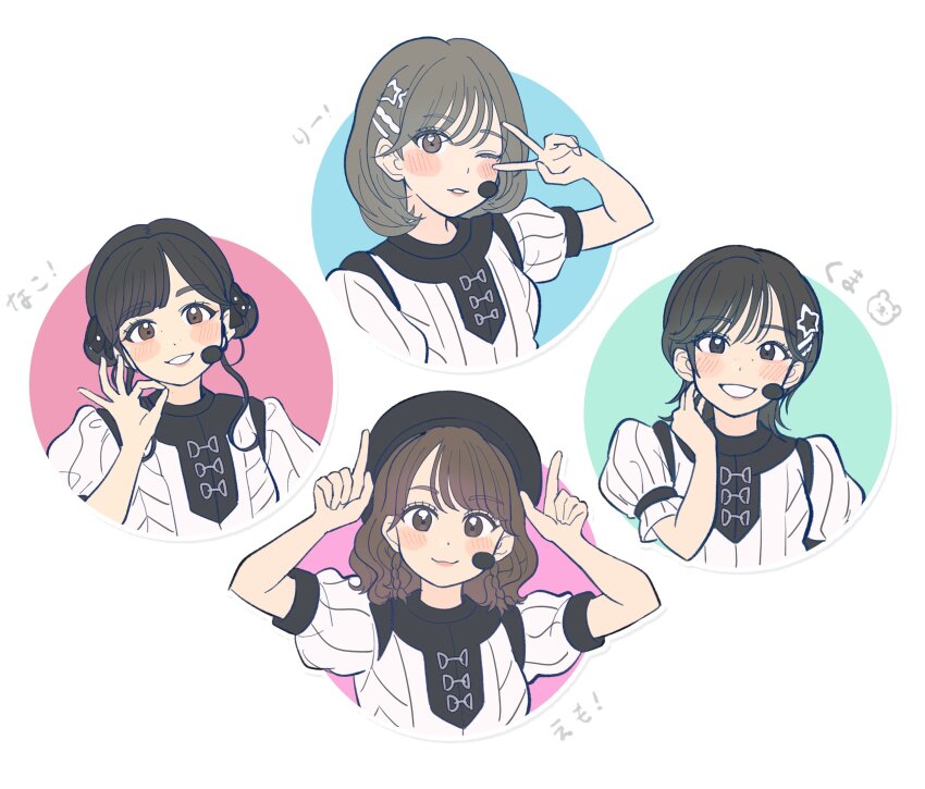 4girls absurdres arms_up beret black_eyes black_hat braid brown_eyes brown_hair character_name closed_mouth commentary double_bun emori_aya hair_bun hair_ornament hand_on_own_neck hand_up hat headset highres index_fingers_raised liyuu looking_at_viewer love_live! love_live!_superstar!! medium_hair misaki_nako multiple_girls ok_sign one_eye_closed ookuma_wakana parted_lips real_life second_sparkle short_hair_with_long_locks short_sleeves simple_background smile star_(symbol) star_hair_ornament techimi upper_body v voice_actor