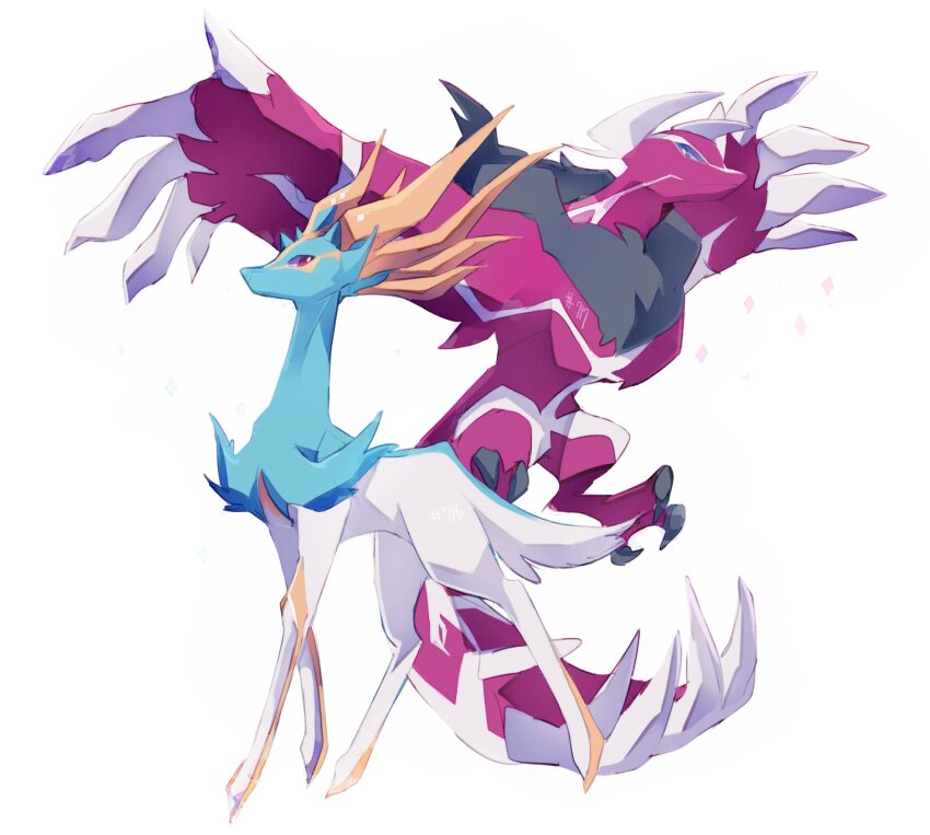 alternate_color animal_focus antlers black_fur blue_eyes blue_fur deer full_body gen_6_pokemon highres horns legendary_pokemon looking_at_viewer masayo_(skip) neck_fur nintendo no_humans pokemon pokemon_(creature) red_eyes shiny_pokemon simple_background standing talons white_background white_fur wings xerneas yveltal