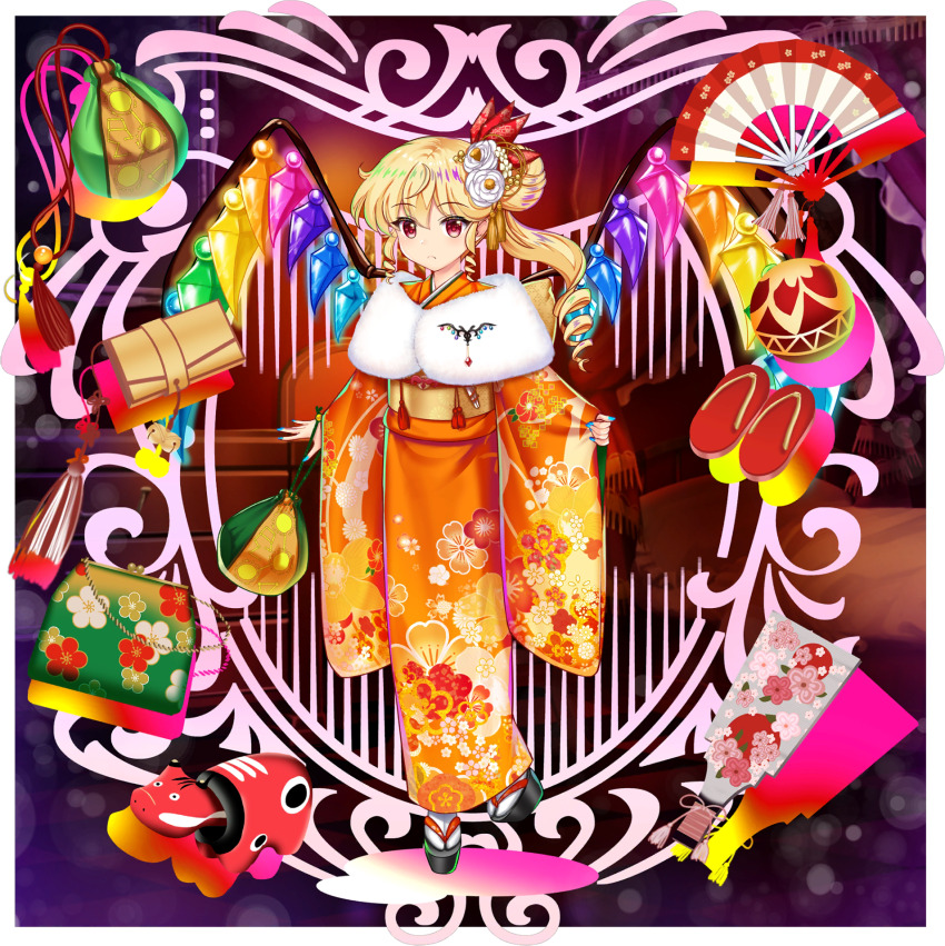1girl akabeko alternate_costume alternate_hairstyle bag bat_ornament bell black_sandals blonde_hair blue_nails closed_mouth constellation_print crystal flandre_scarlet flandre_scarlet_(vampire_making_a_wish) floral_print flower folding_fan fruit_print full_body fur_trim furisode game_cg hagoita hair_flower hair_ornament hand_fan highres holding holding_bag japanese_clothes jingle_bell kanzashi kimono kinchaku long_hair long_sleeves looking_at_viewer new_year obi obijime official_art okobo one_side_up orange_kimono orange_print paddle platform_sandals pouch print_kimono red_eyes red_sandals rotte_(1109) sandals sash solo sun_print tassel third-party_source touhou touhou_lostword transparent_background tsumami_kanzashi wide_sleeves wings